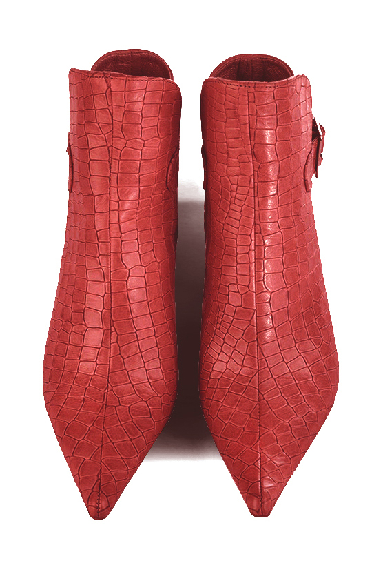 Scarlet red women's ankle boots with buckles at the back. Pointed toe. High slim heel. Top view - Florence KOOIJMAN